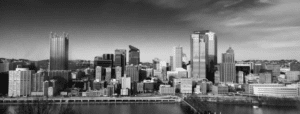 a black and white photo of the Pittsburgh skyline to represent WordCamp Pittsburgh
