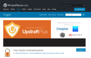 A screenshot of the Two Factor Authentication plugin page.