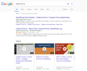 A screenshot of Caldera Forms search result on Google