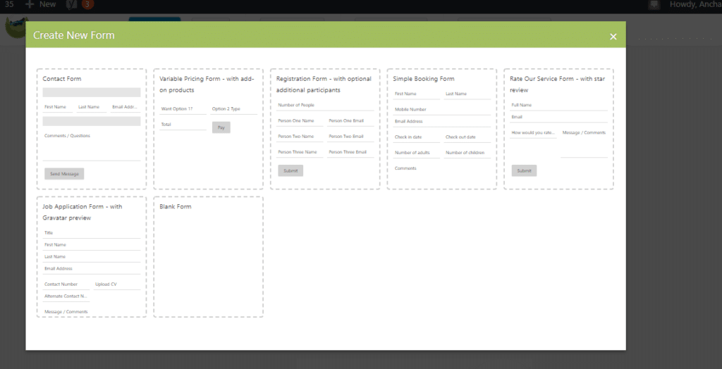 A screenshot showing the templates available.