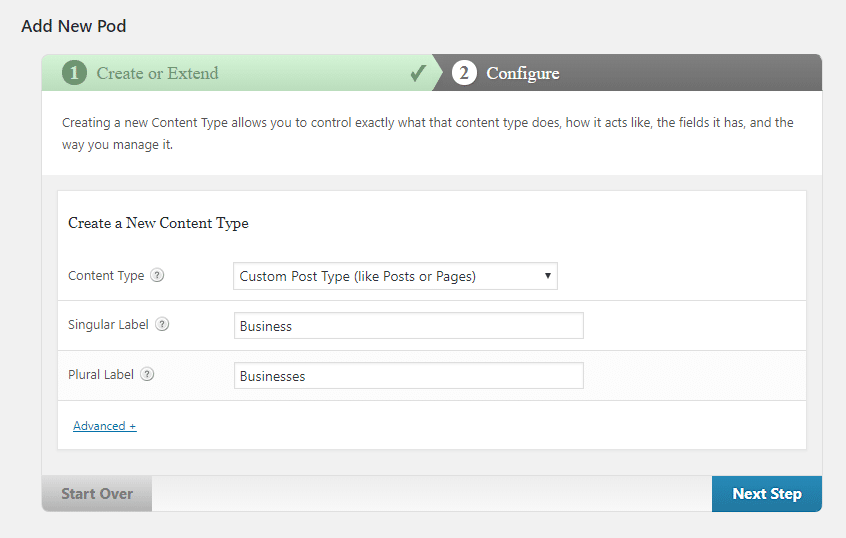 Create new pods on the Pods plugin.