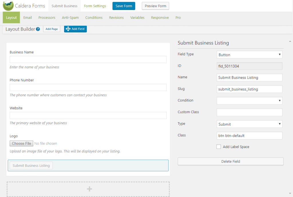 Example of a Caldera Form for a business directory.