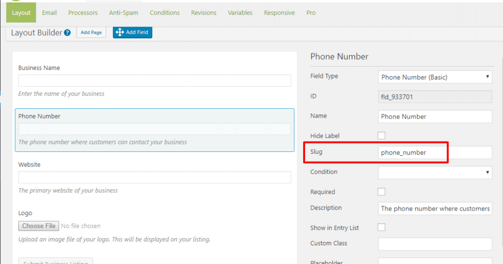 Slug in Caldera Forms for the phone number field is phone_number.