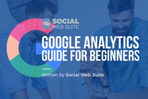 Image of three people working together and the text "Google Analytics Guide for Beginners"