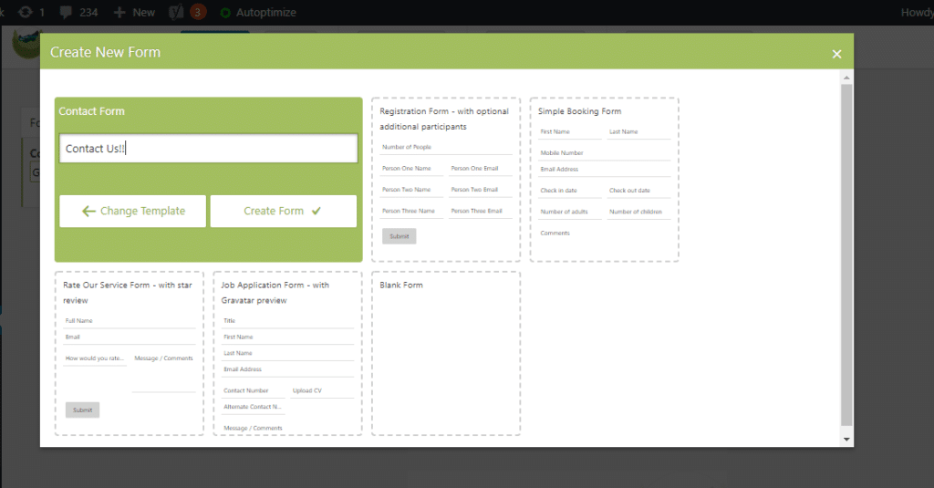 selecting the 'Contact Form' template