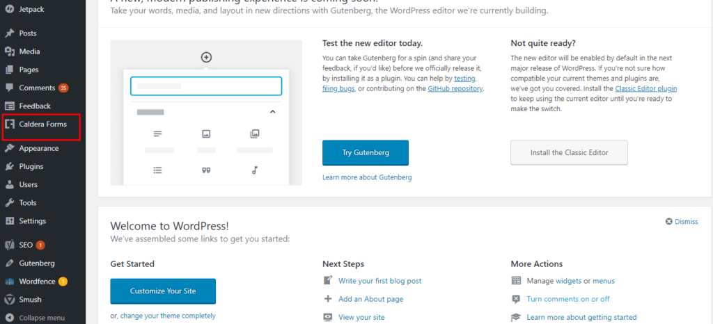 screenshot of Caldera Forms menu in WordPress Dashboard