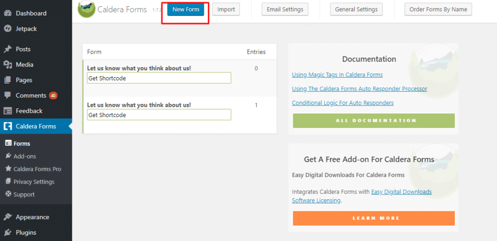 screenshot of New Form button on Caldera Forms