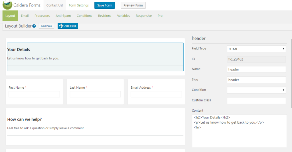 screenshot of the Caldera Forms' Layout Builder