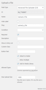 The settings for a Caldera Forms advanced file field