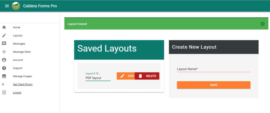 The Caldera Forms Pro user interface's layout setting screen