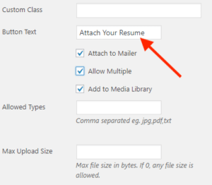 Caldera Forms file field settings for button text