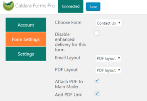 The Caldera Forms Pro settings for a contact form