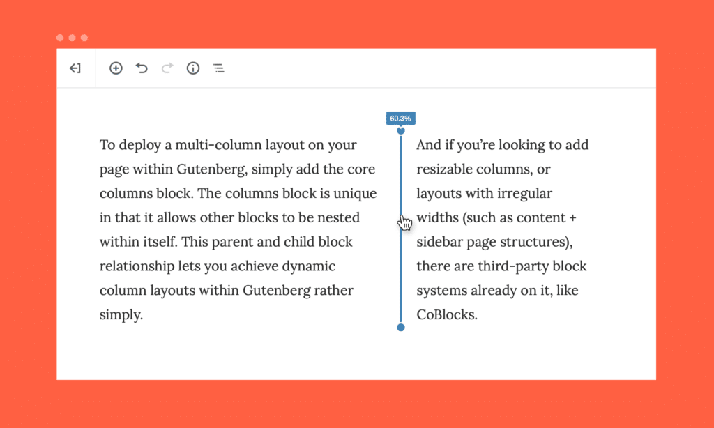 screenshot of the column layout in Gutenberg