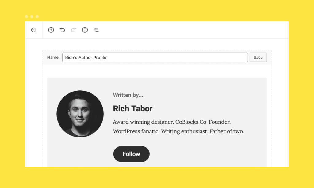 an example of reusable block named "Rich's Author Profile"