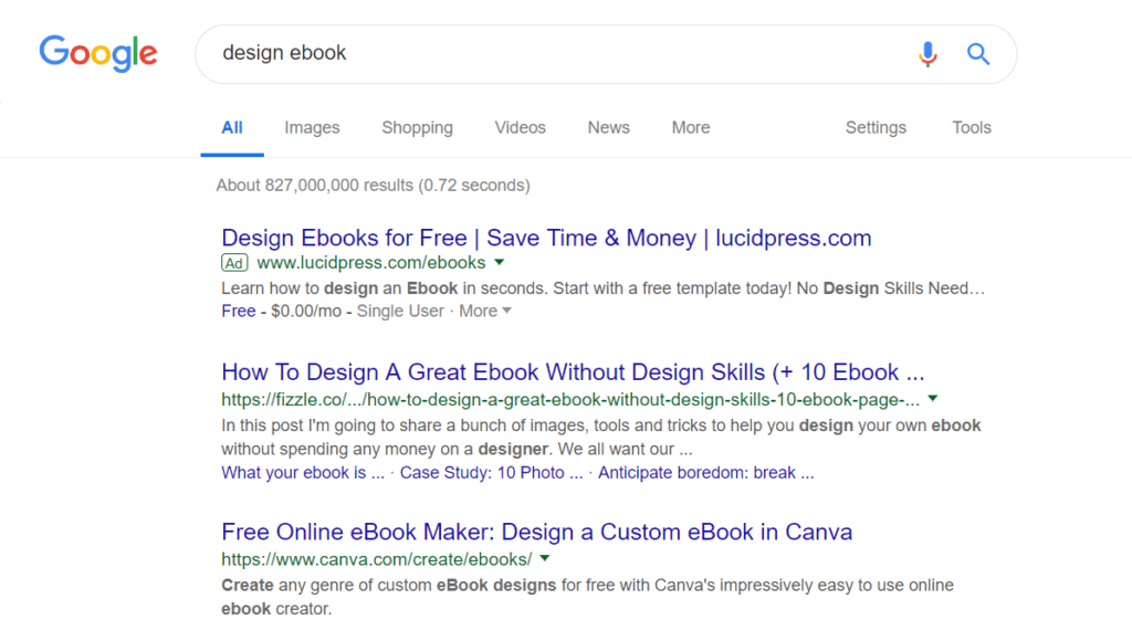 Google search results of the phrase 'design ebook'