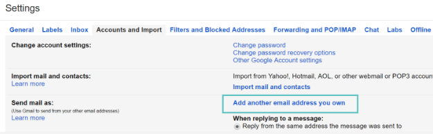 screenshot of Accounts and Import tab in Gmail