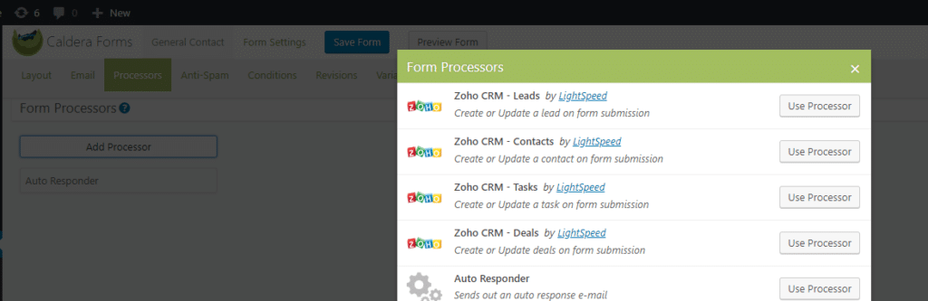 Screenshot of adding Zoho processors in Caldera Forms.