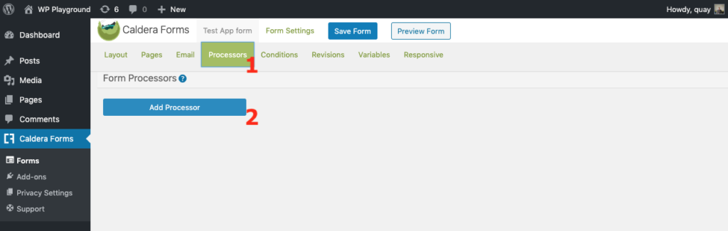 add processor section of the caldera forms builder