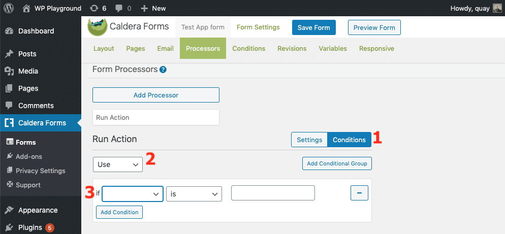 view of the Conditions tab where options exist to tell the processor to execute or not execute based on specific, configurable conditions within the form