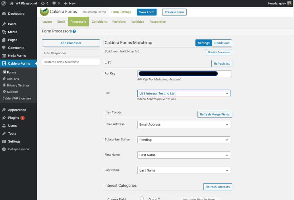 Mailchimp 2.0 processor in the Caldera Forms builder