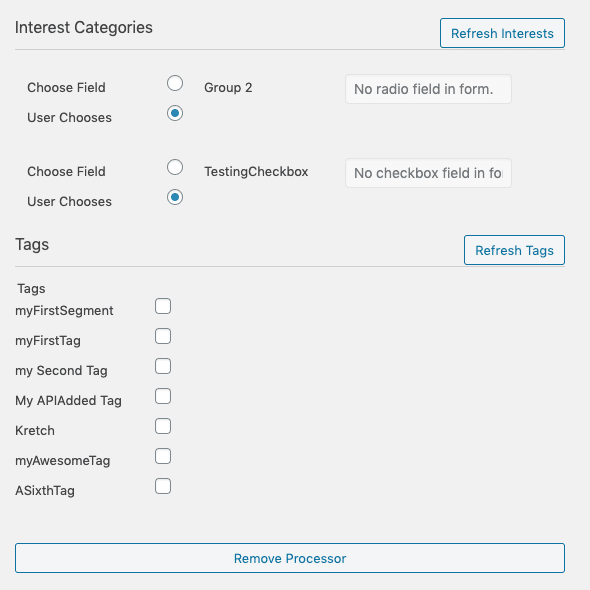 screenshot of tags and interest groups options within the mailchimp processor of caldera forms