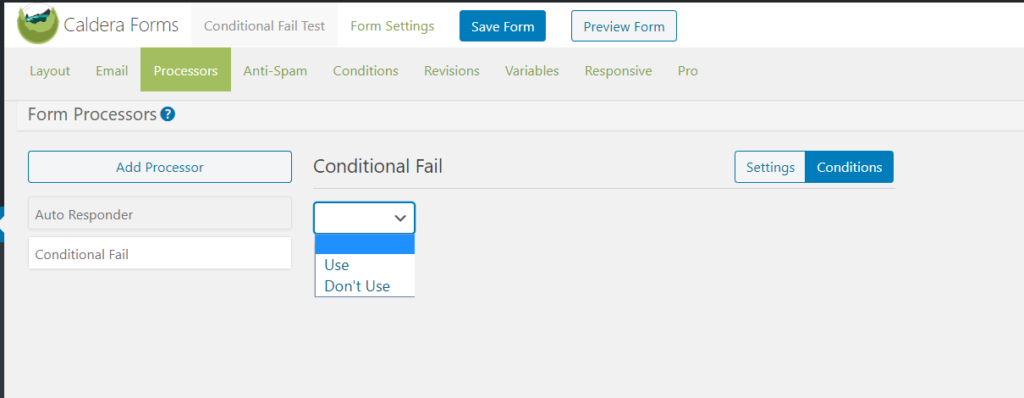 The conditions tab in the conditional fail processor.