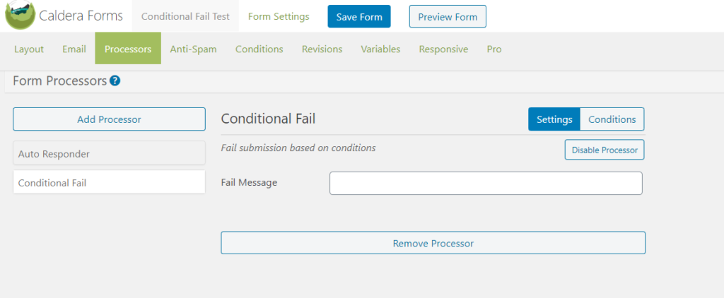 The Settings tab in the Conditional Fail processor.