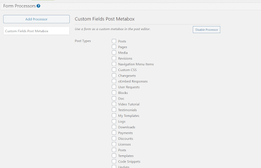 Custom Fields Post Metabox processor settings