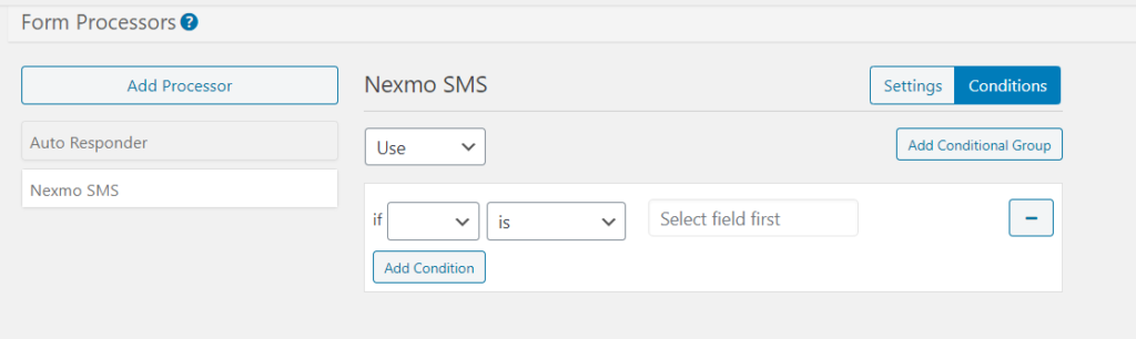 Nexmo conditions settings