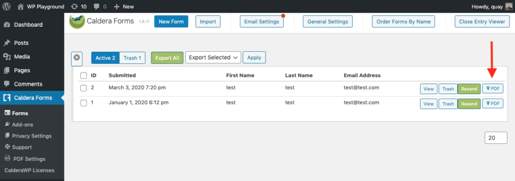 PDF button added inline with each form entry allows exporting that entry as a pdf file