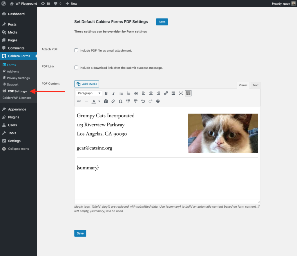 pdf form submission global settings under Caldera forms int he WordPress dashboard