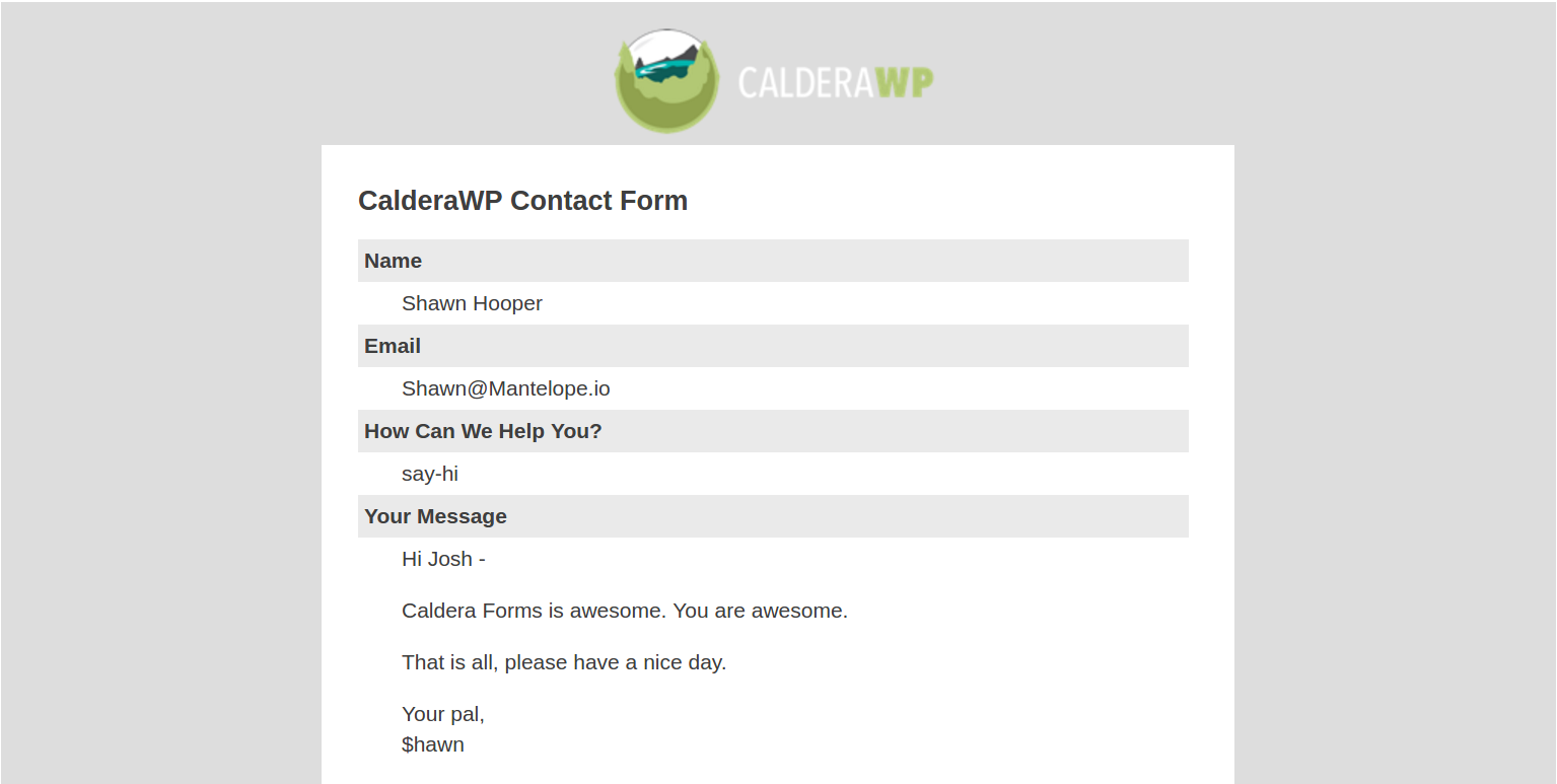 Example of an email created using Caldera Forms and Caldera Forms Mail Templates