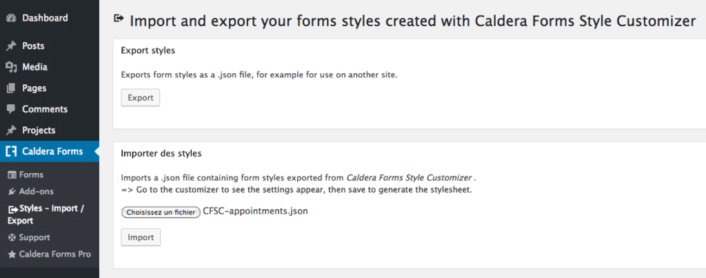 Import and export settings for Caldera Forms Style Customizer